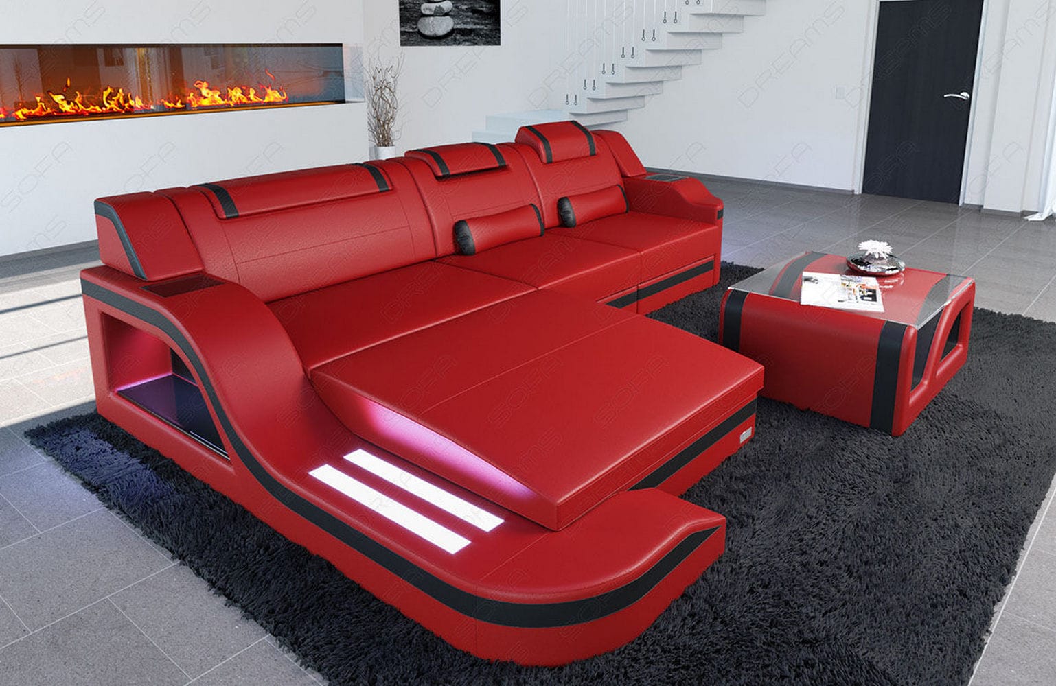 Design Ledersofa Palermo L-Form mit LED rot-schwarz