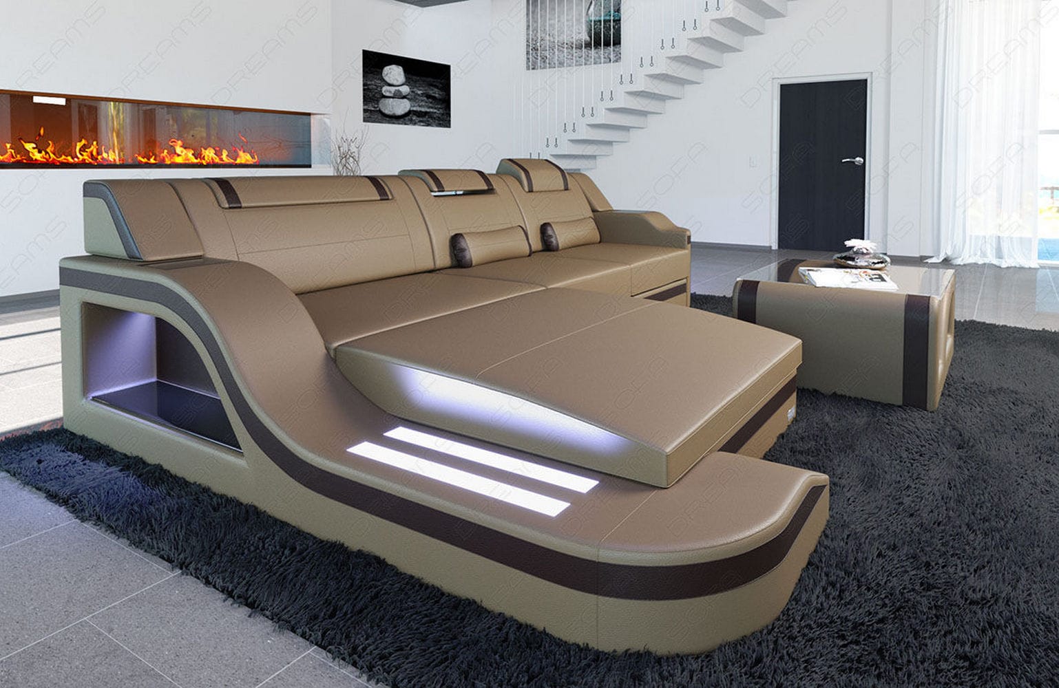 Design Ledersofa Palermo L-Form mit LED sandbeige-dunkelbraun