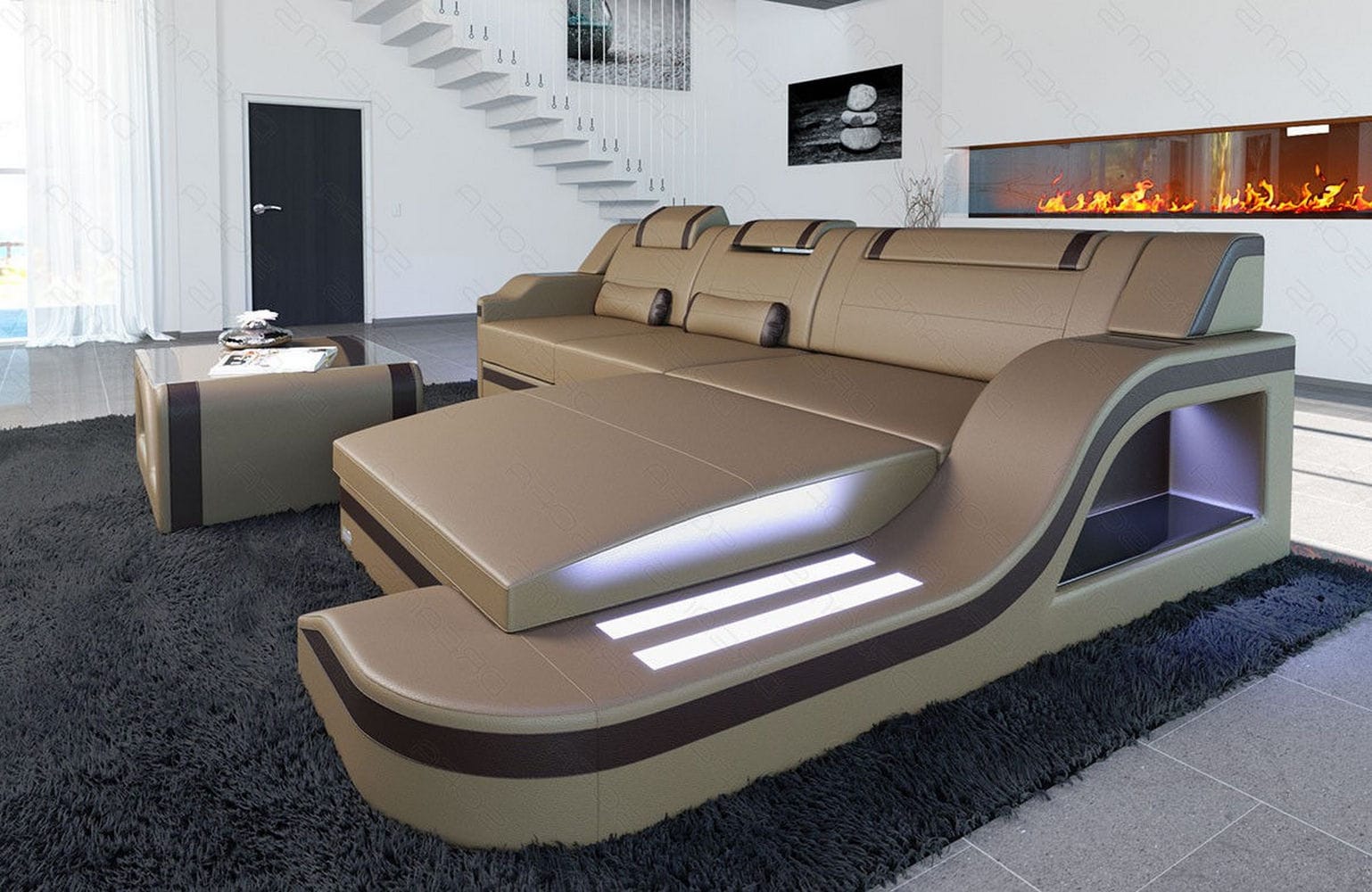 Design Ledersofa Palermo L-Form mit LED sandbeige-dunkelbraun
