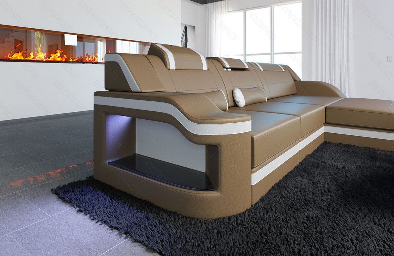 Design Ledersofa Palermo L-Form mit LED sandbeige-weiß