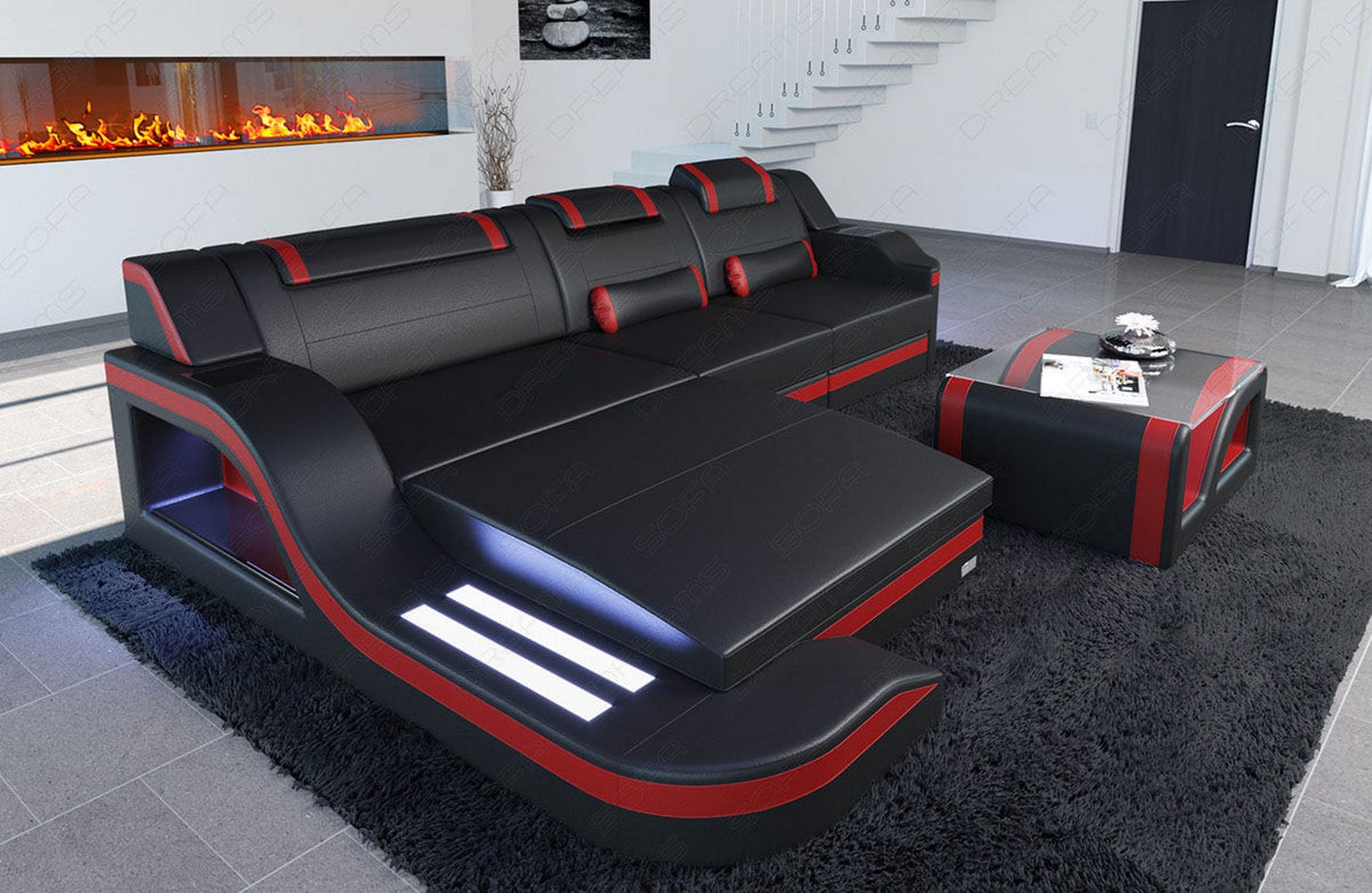Design Ledersofa Palermo L-Form mit LED schwarz-rot