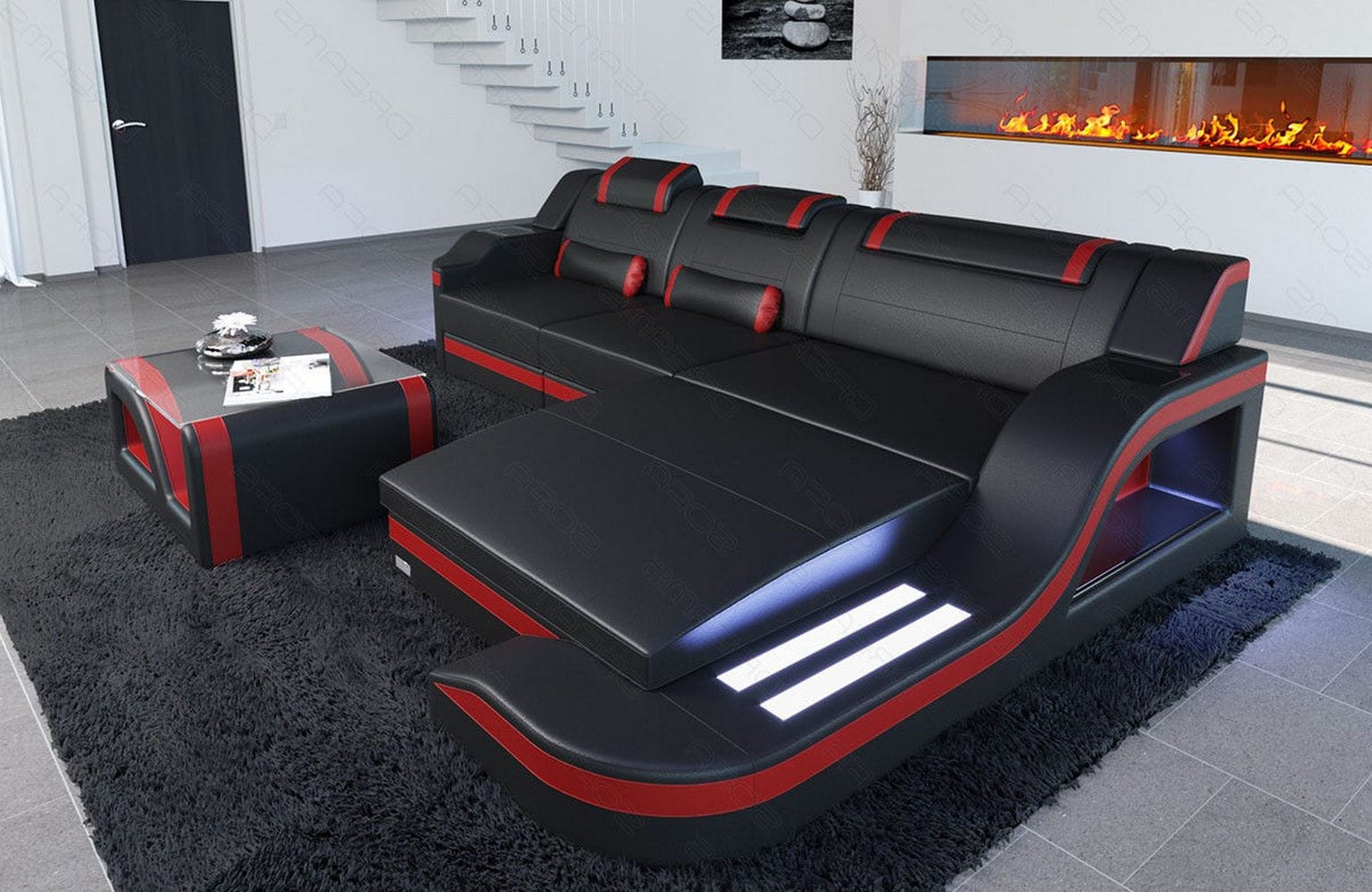 Design Ledersofa Palermo L-Form mit LED schwarz-rot