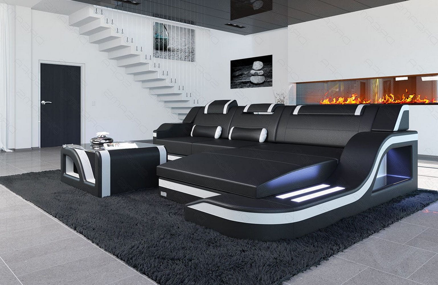 Design Ledersofa Palermo L-Form mit LED schwarz-weiß