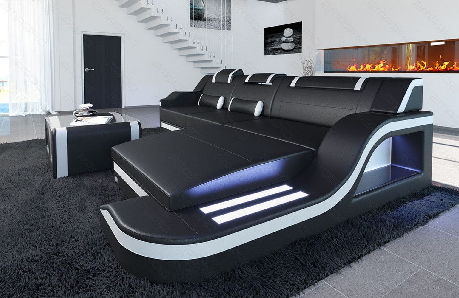 Design Ledersofa Palermo L-Form mit LED schwarz-weiß