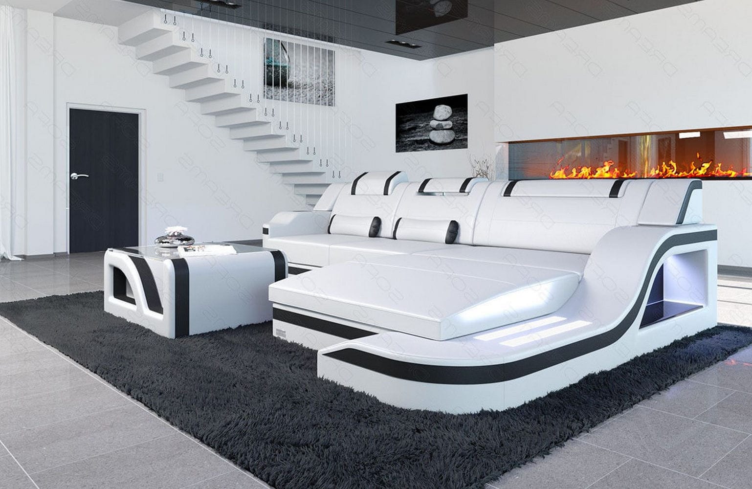Design Ledersofa Palermo L-Form mit LED weiß-schwarz