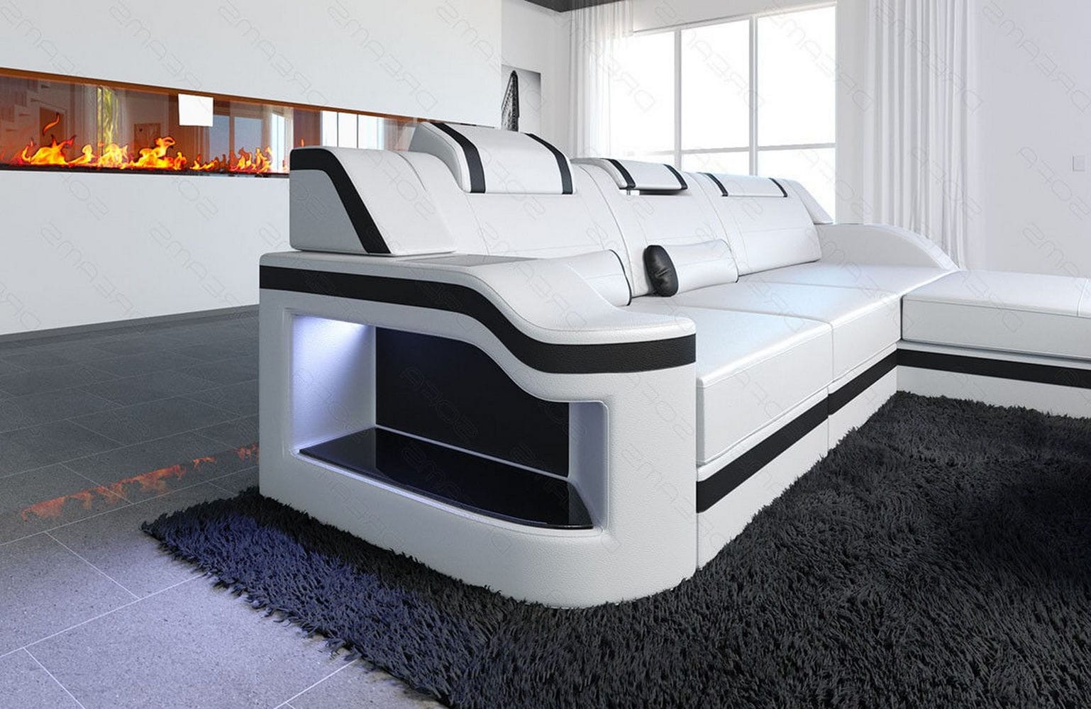 Design Ledersofa Palermo L-Form mit LED weiß-schwarz
