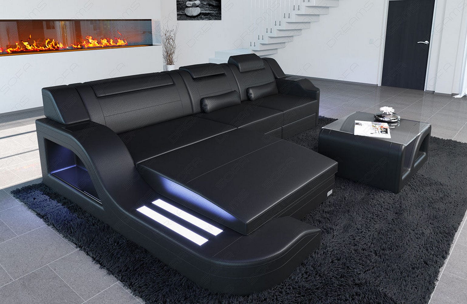 Design Ledersofa Palermo L-Form mit LED schwarz