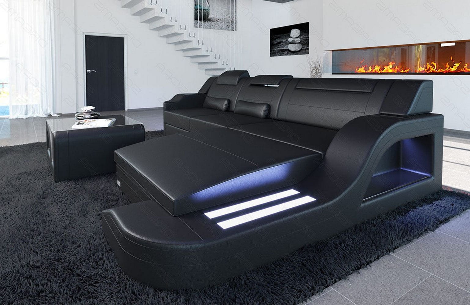 Design Ledersofa Palermo L-Form mit LED schwarz