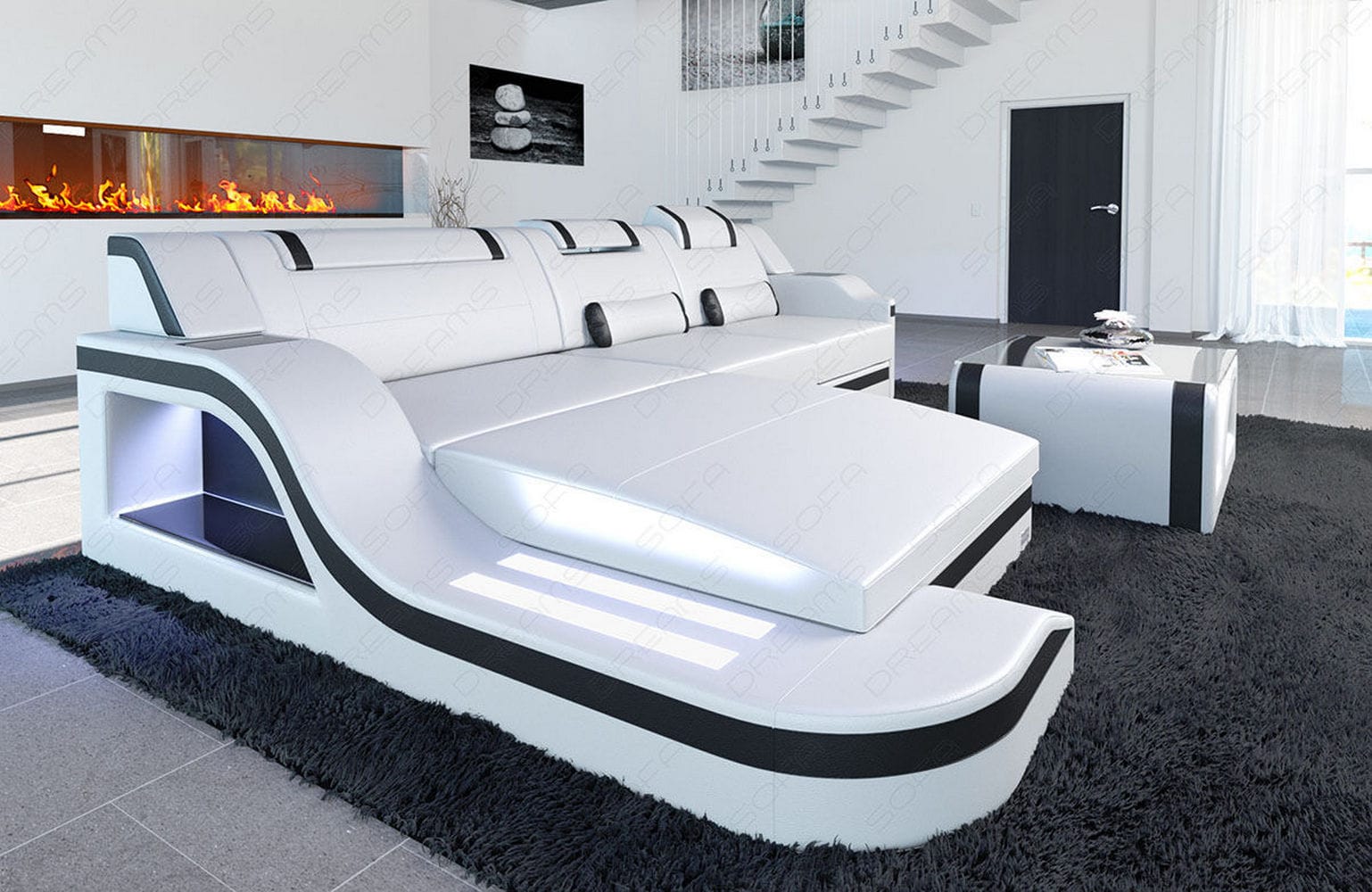 Design Ledersofa Palermo L-Form mit LED weiß-schwarz
