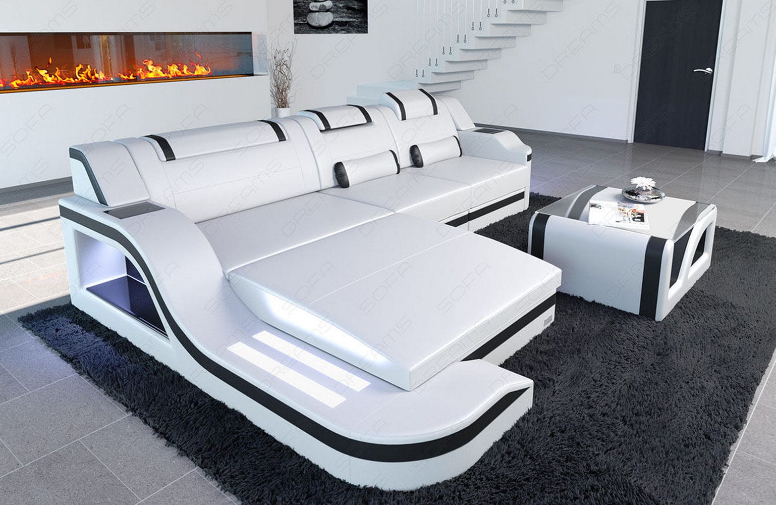 Design Ledersofa Palermo L-Form mit LED weiß-schwarz