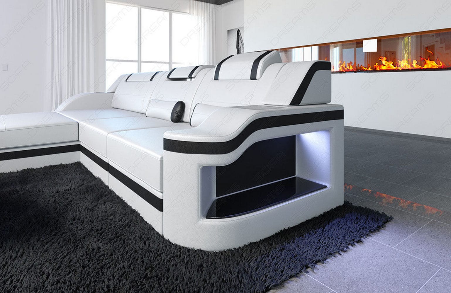 Design Ledersofa Palermo L-Form mit LED weiß-schwarz