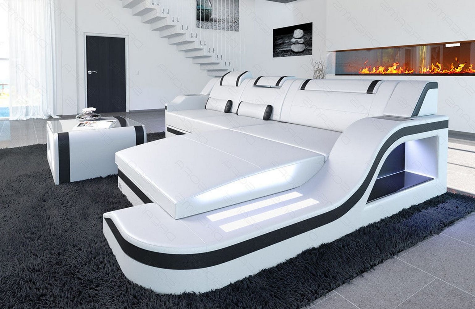 Design Ledersofa Palermo L-Form mit LED weiß-schwarz