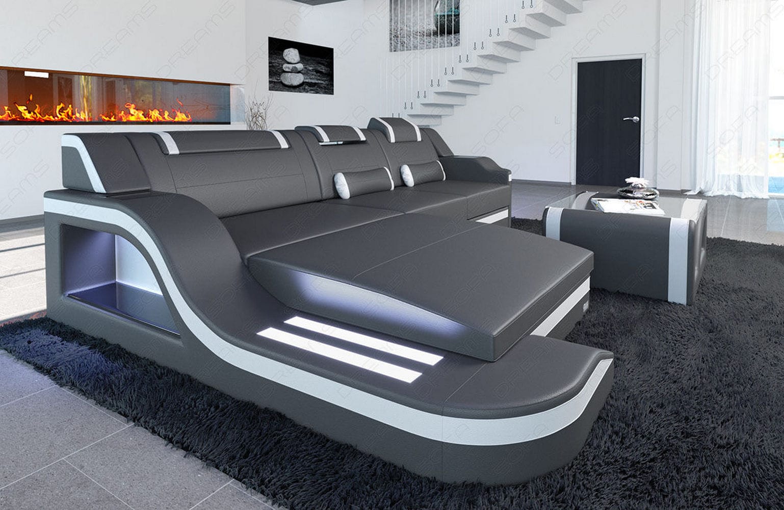 Design Ledersofa Palermo L-Form mit LED grau-weiß