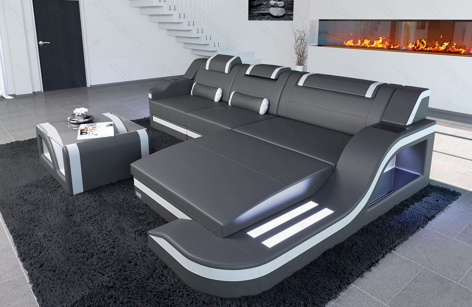 Design Ledersofa Palermo L-Form mit LED grau-weiß