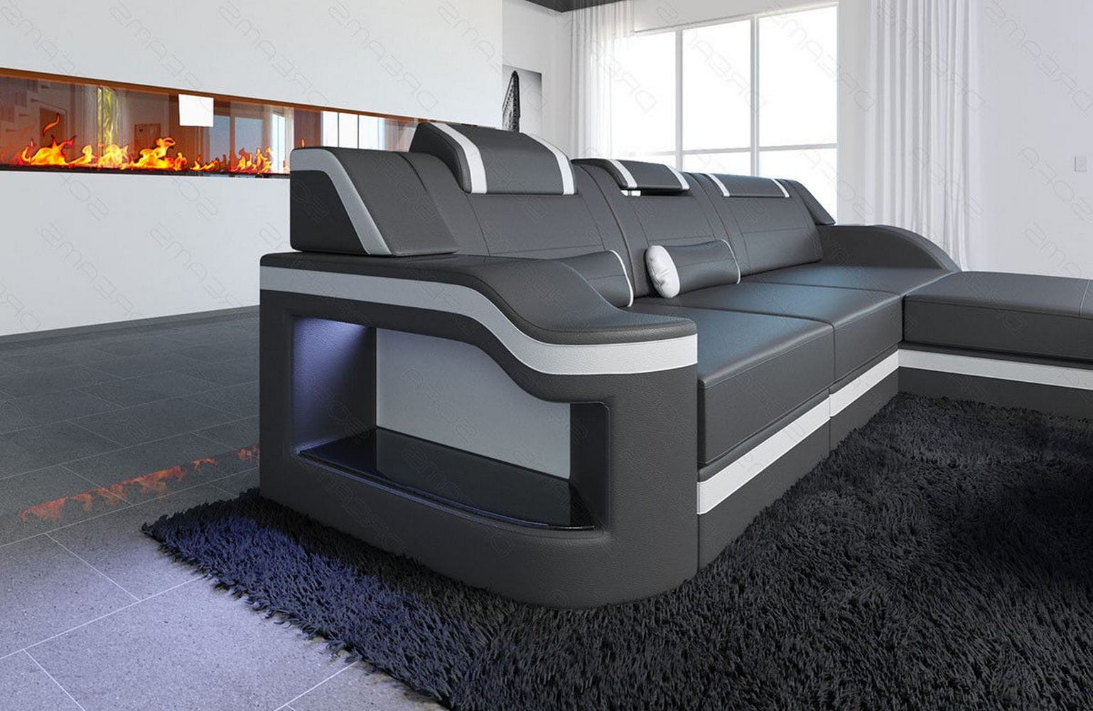 Design Ledersofa Palermo L-Form mit LED grau-weiß