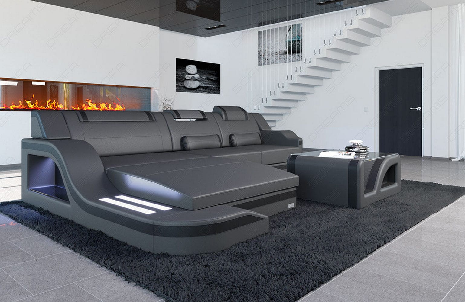 Design Ledersofa Palermo L-Form mit LED grau-schwarz