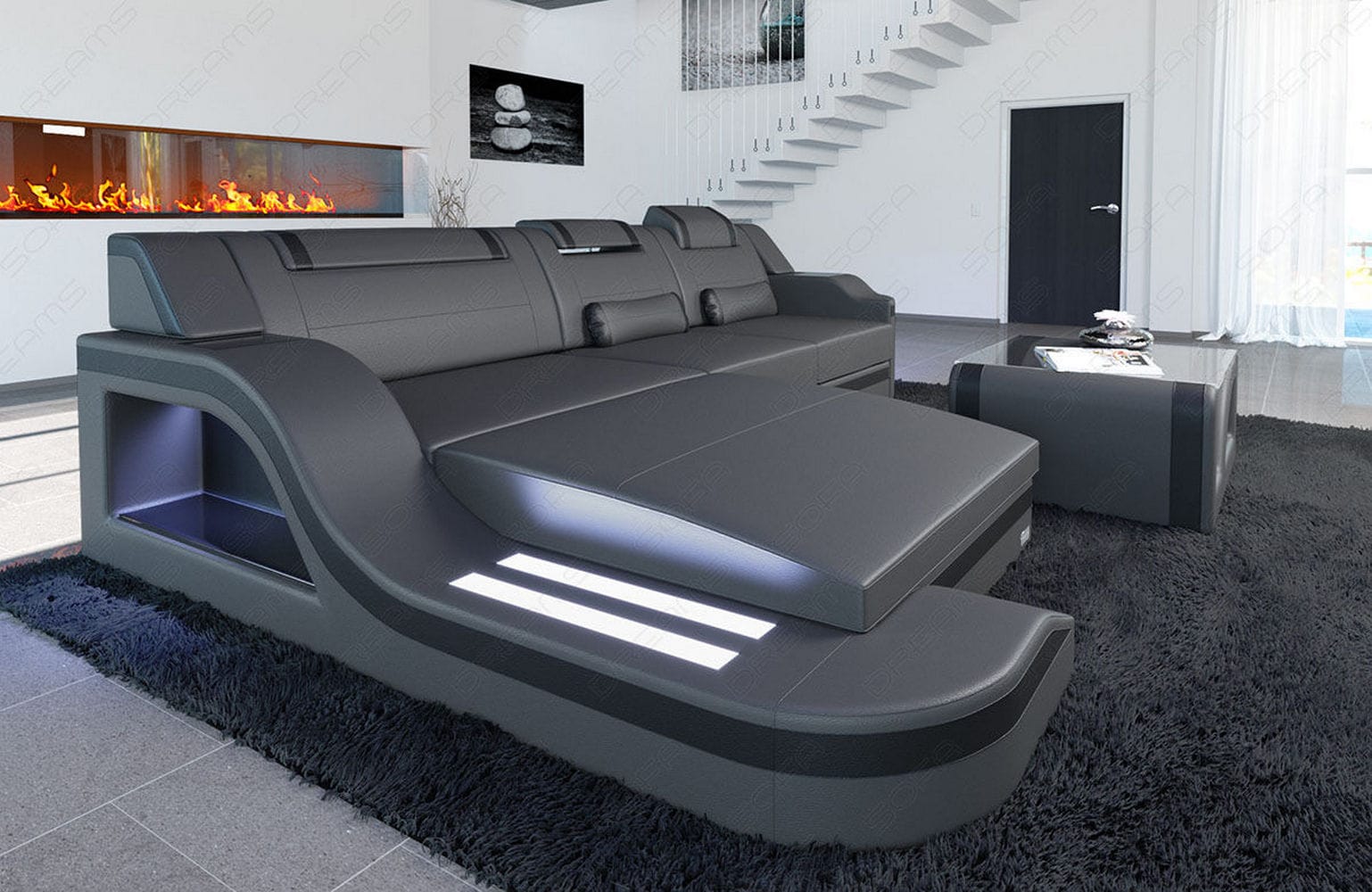Design Ledersofa Palermo L-Form mit LED grau-schwarz