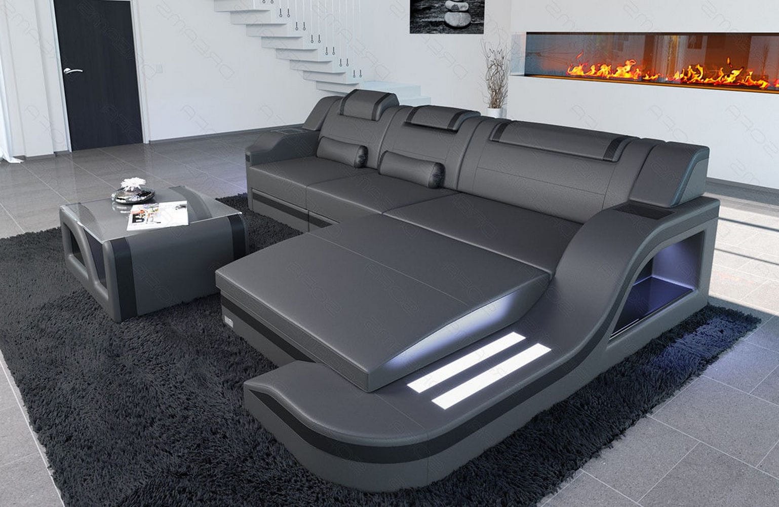 Design Ledersofa Palermo L-Form mit LED grau-schwarz