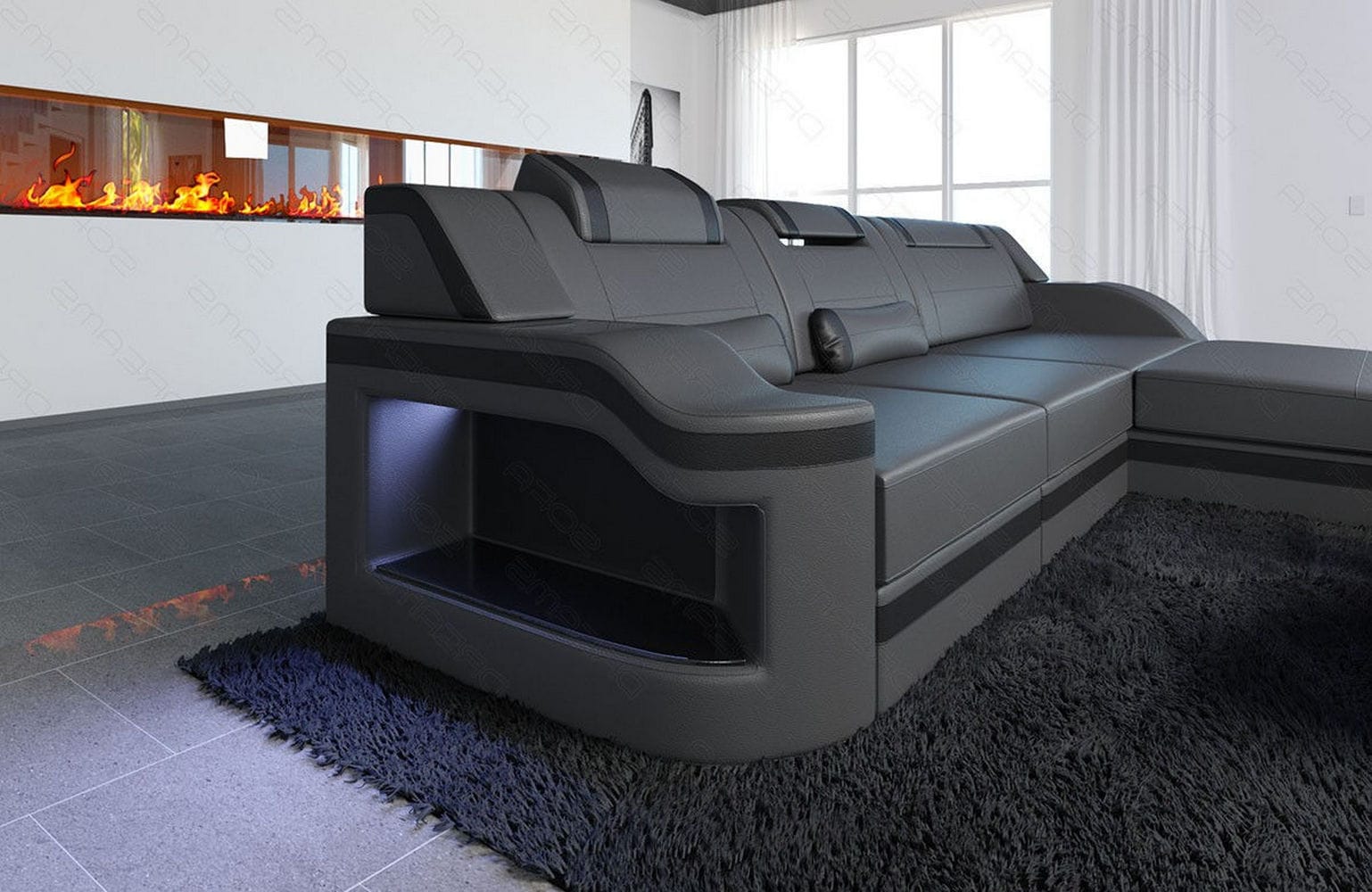 Design Ledersofa Palermo L-Form mit LED grau-schwarz