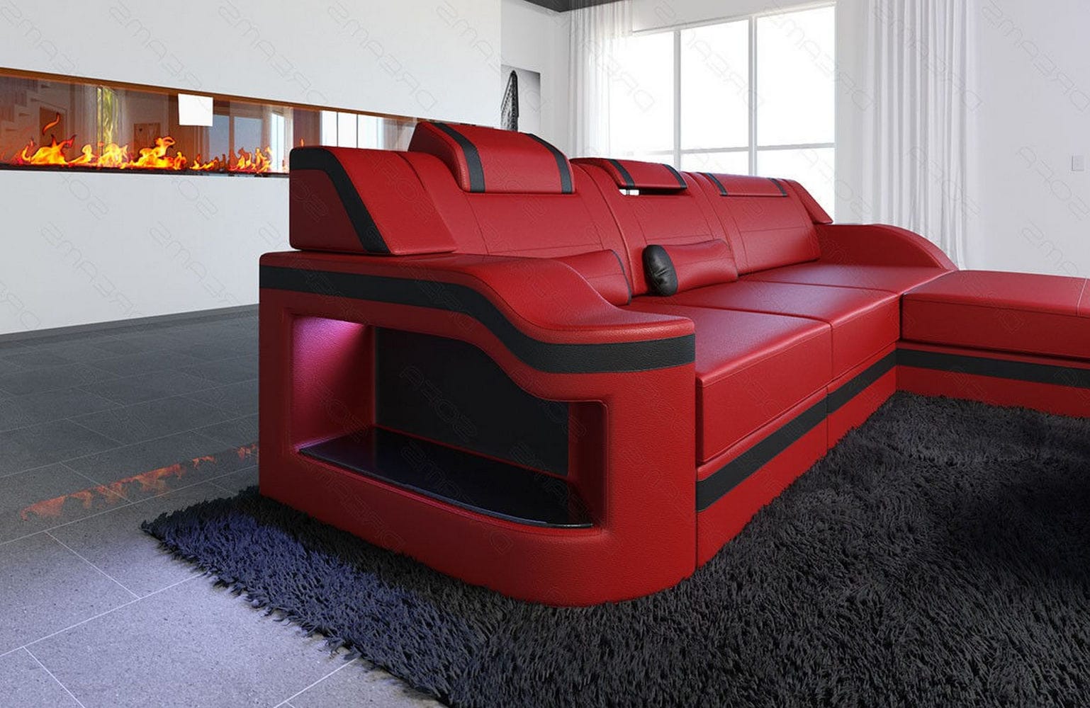 Design Ledersofa Palermo L-Form mit LED rot-schwarz