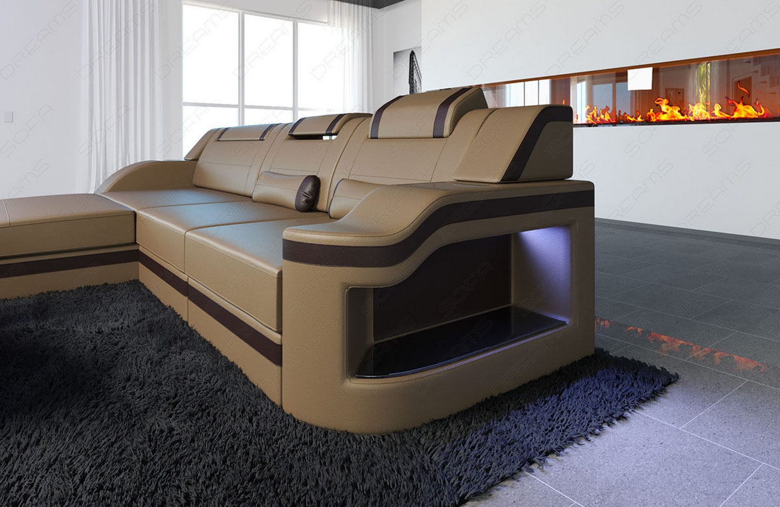 Design Ledersofa Palermo L-Form mit LED sandbeige-dunkelbraun