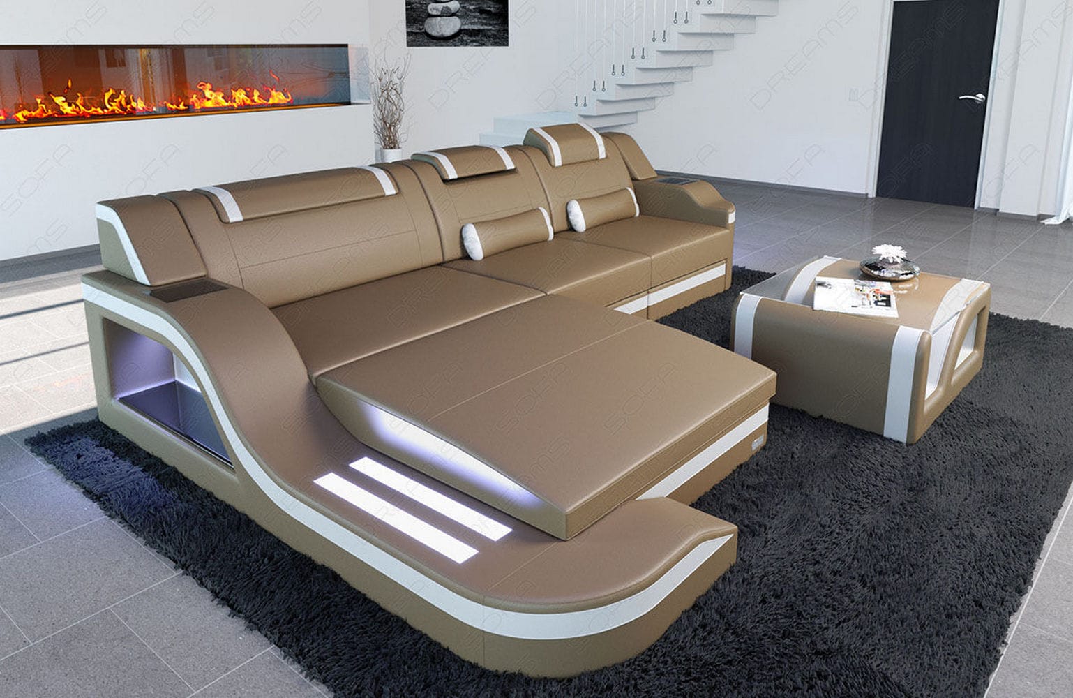 Design Ledersofa Palermo L-Form mit LED sandbeige-weiß