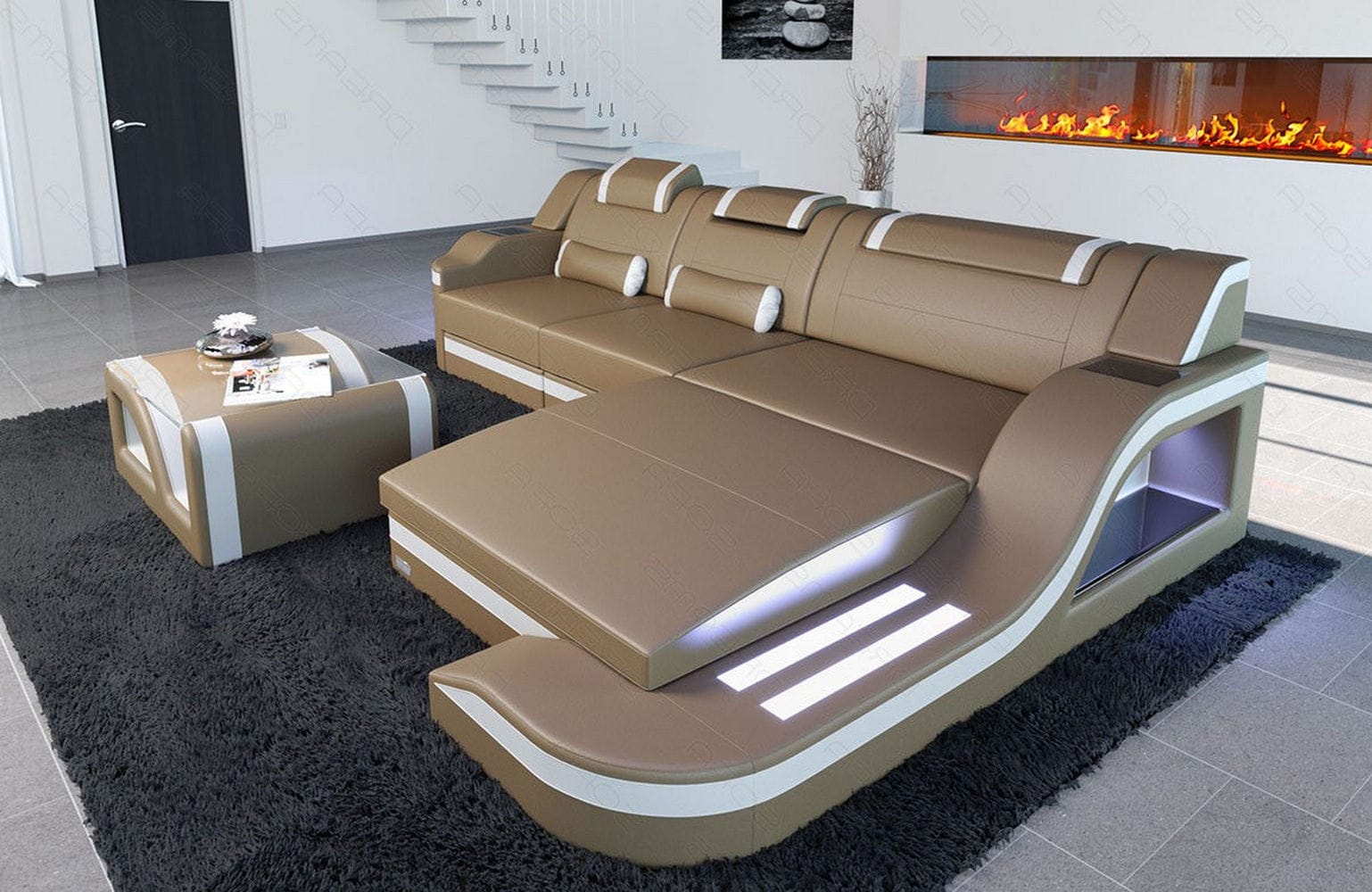 Design Ledersofa Palermo L-Form mit LED sandbeige-weiß