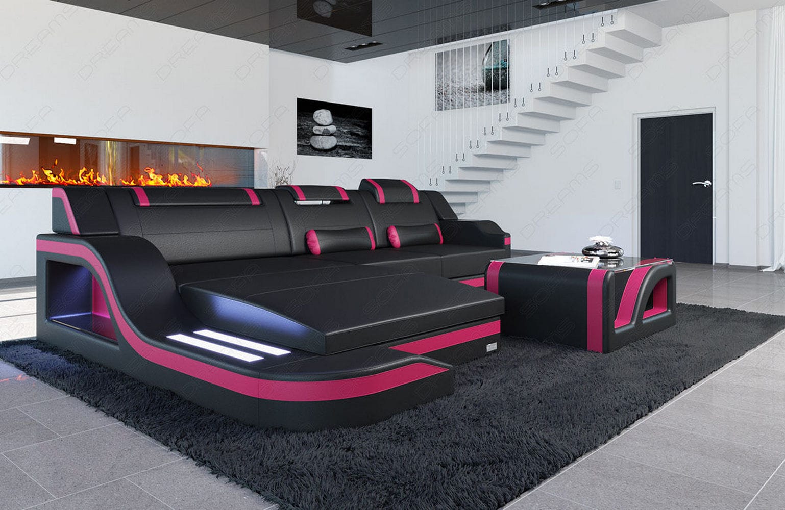 Design Ledersofa Palermo L-Form mit LED schwarz-pink