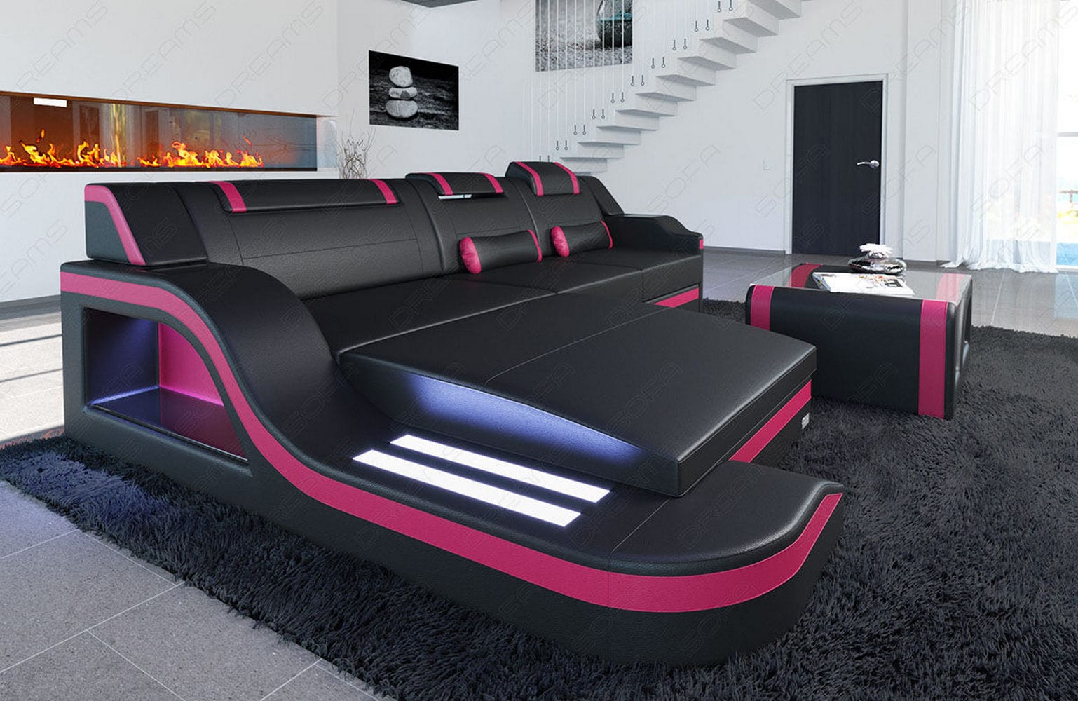 Design Ledersofa Palermo L-Form mit LED schwarz-pink