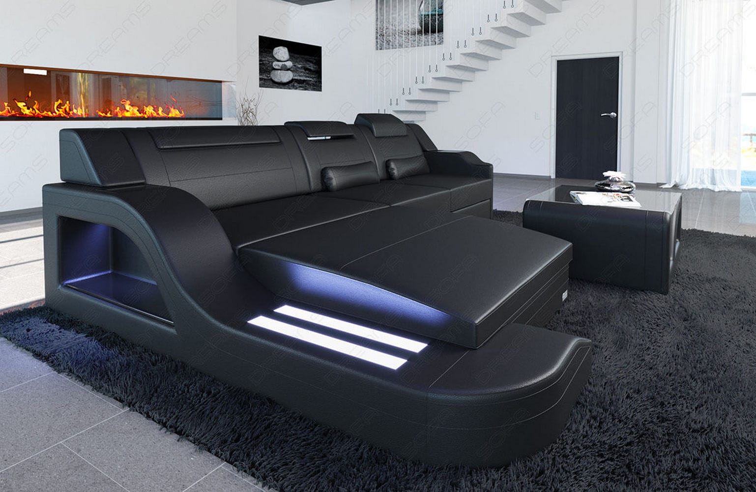 Design Ledersofa Palermo L-Form mit LED schwarz