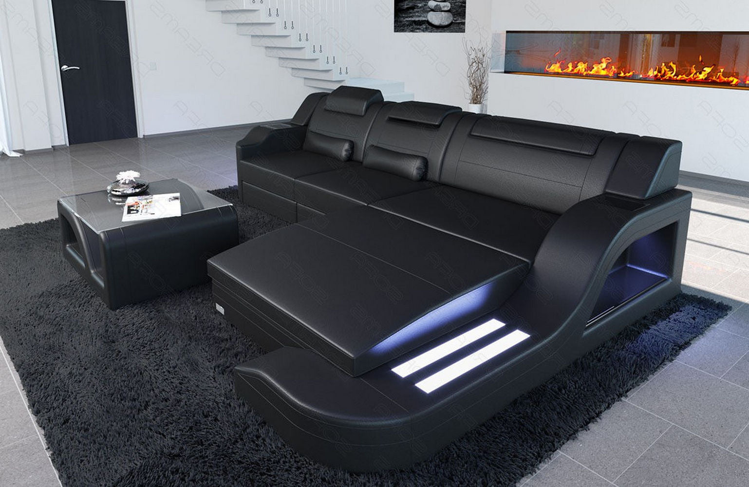 Design Ledersofa Palermo L-Form mit LED schwarz