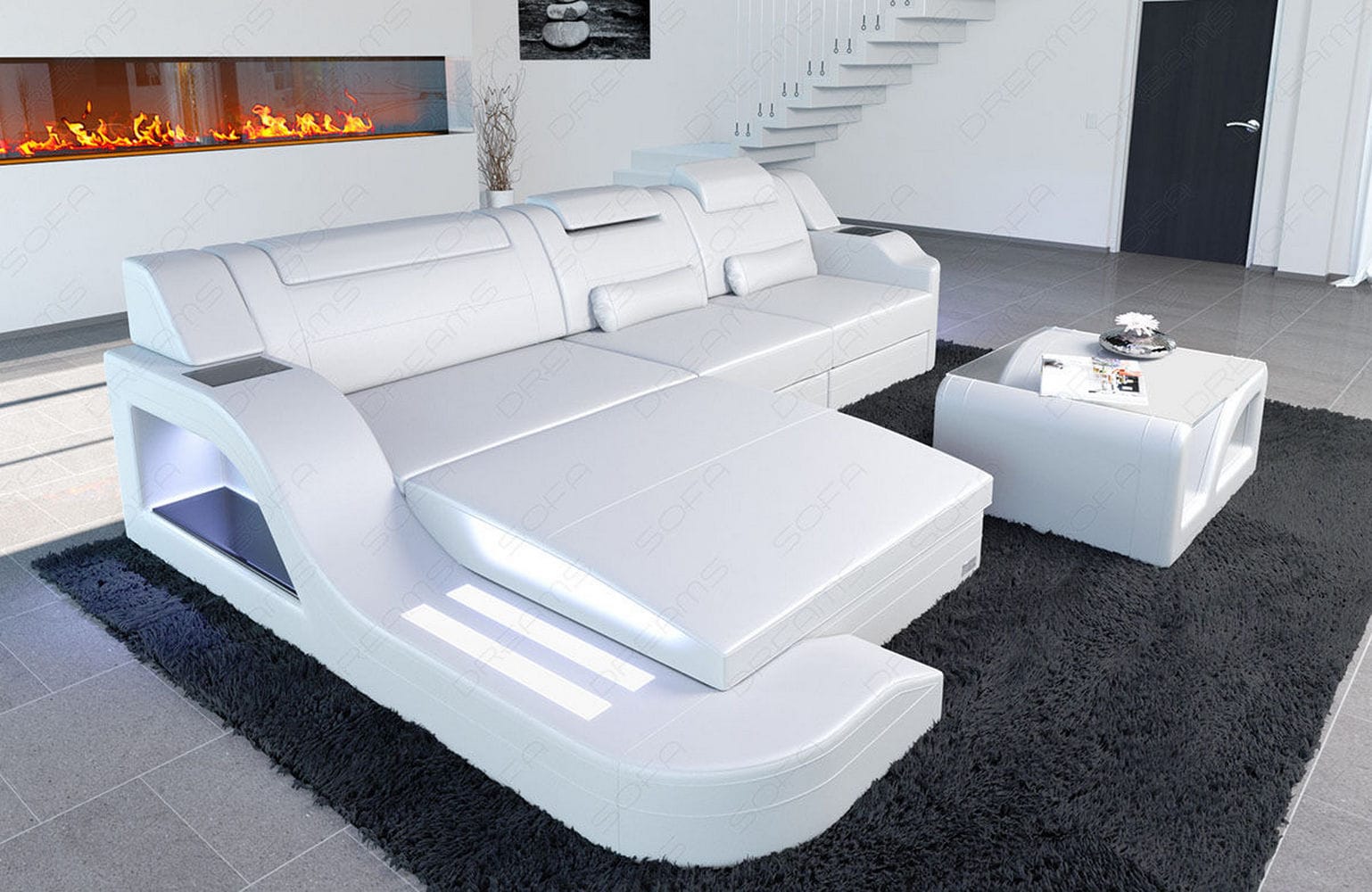Design Ledersofa Palermo L-Form mit LED weiß