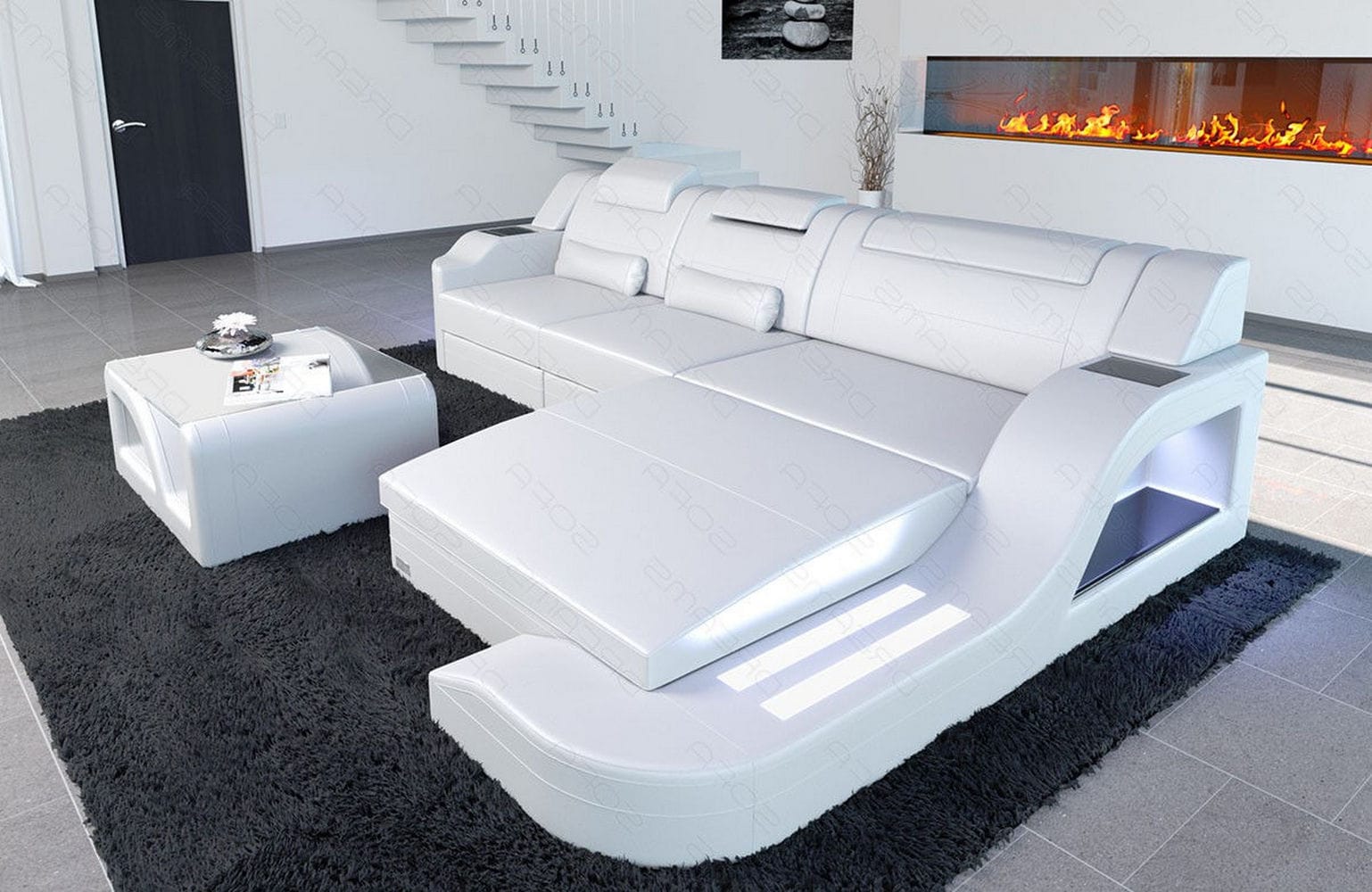Design Ledersofa Palermo L-Form mit LED weiß