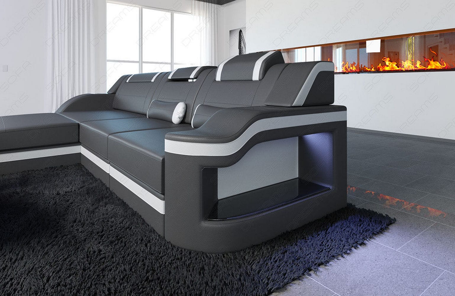 Design Ledersofa Palermo L-Form mit LED grau-weiß