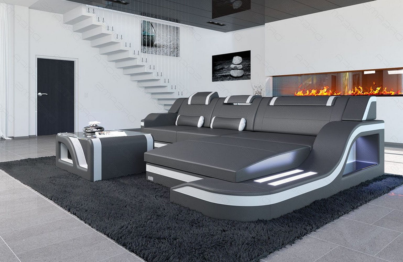 Design Ledersofa Palermo L-Form mit LED grau-weiß
