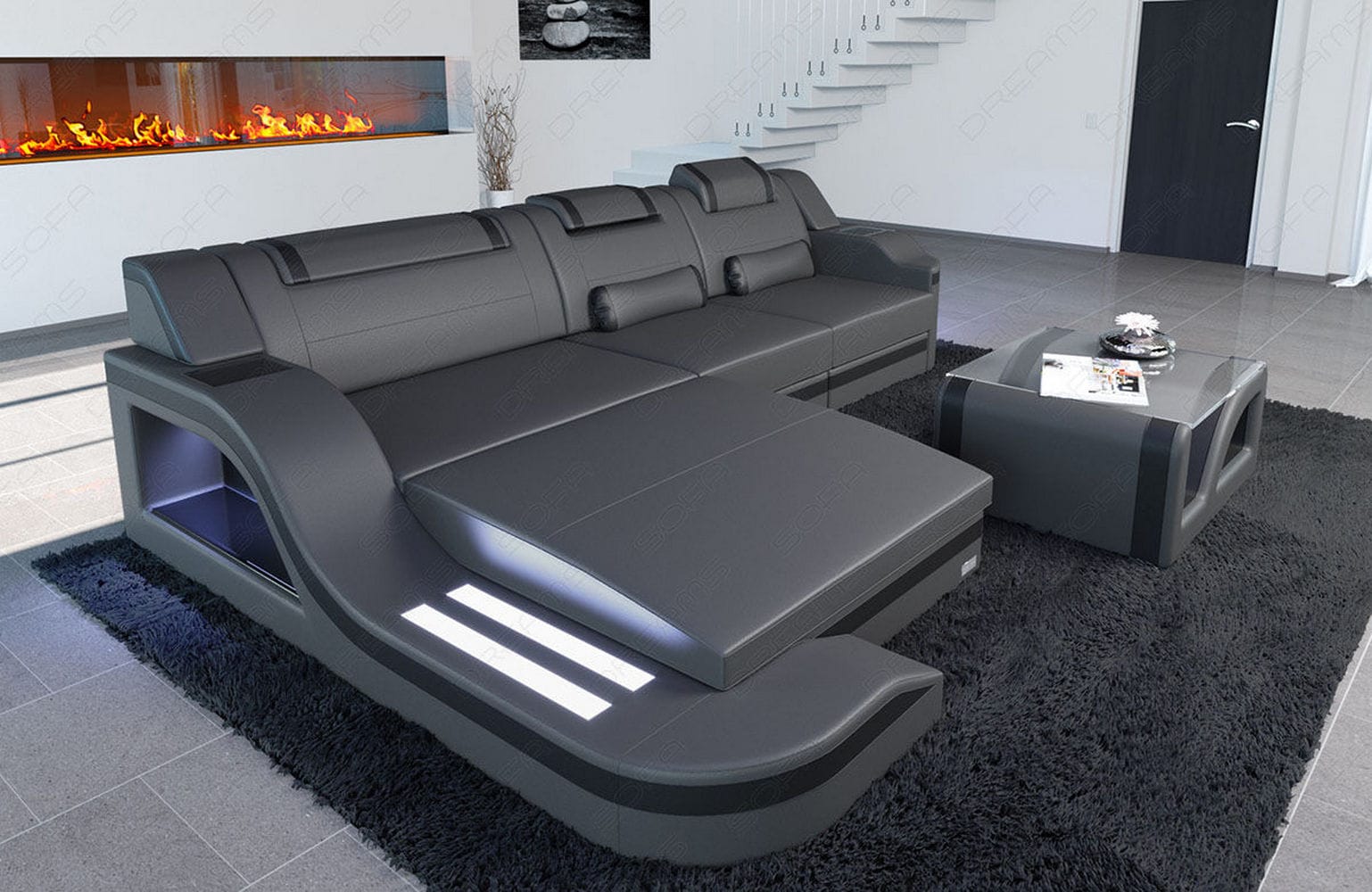 Design Ledersofa Palermo L-Form mit LED grau-schwarz