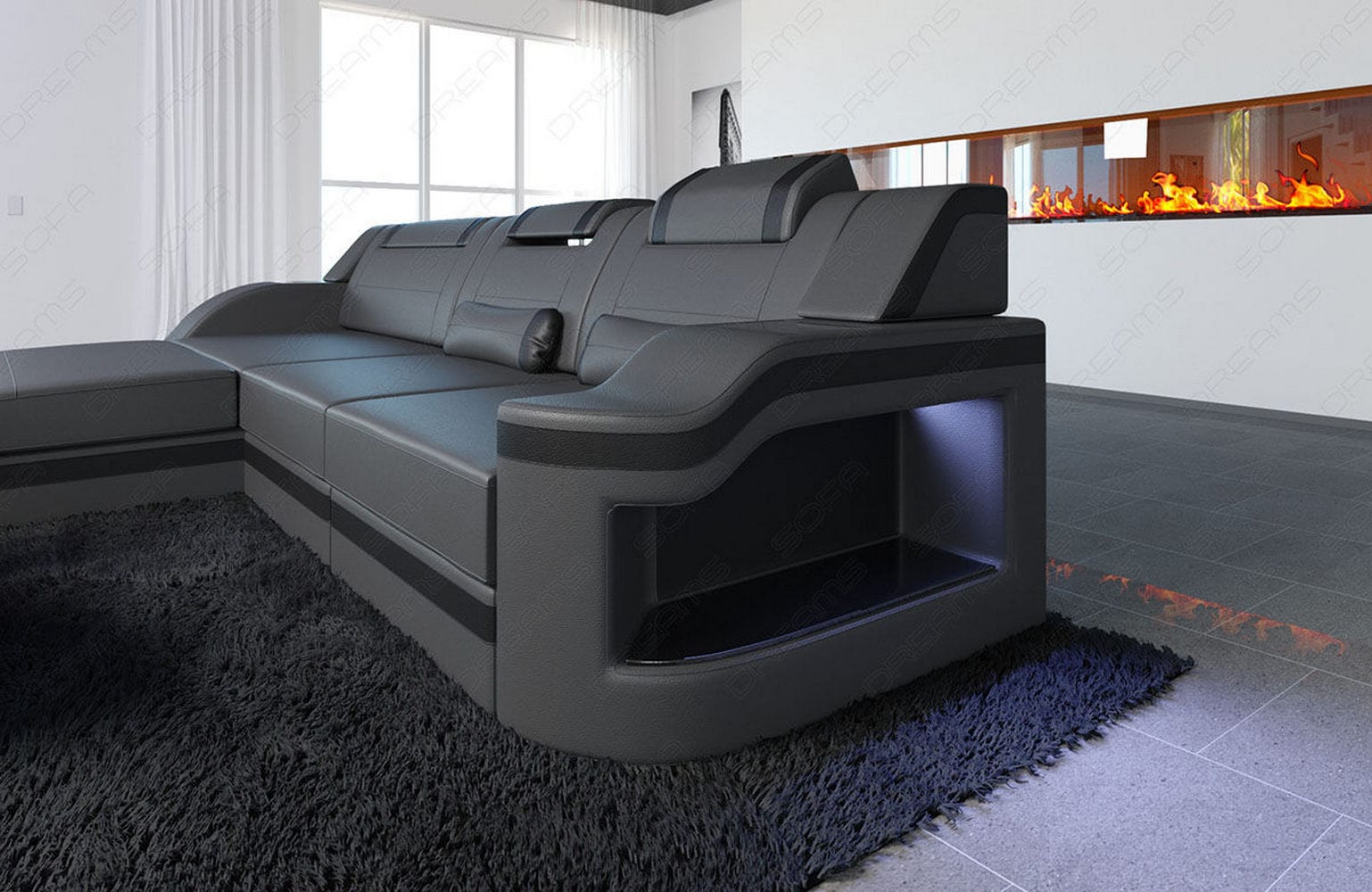 Design Ledersofa Palermo L-Form mit LED grau-schwarz