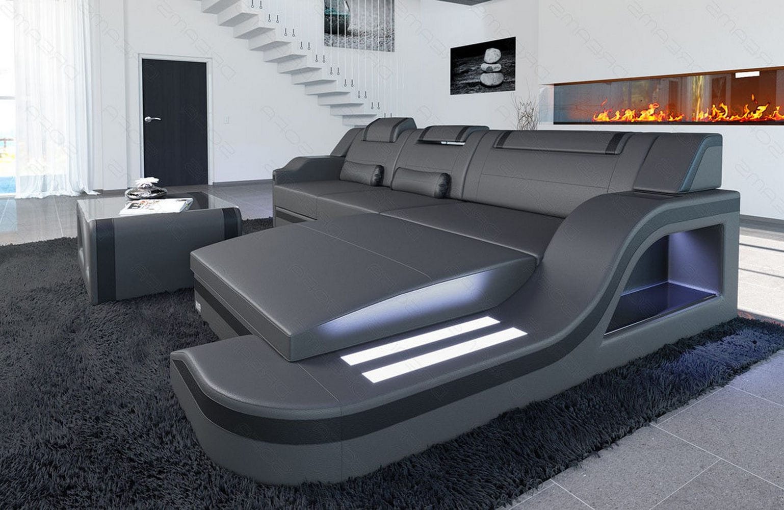 Design Ledersofa Palermo L-Form mit LED grau-schwarz