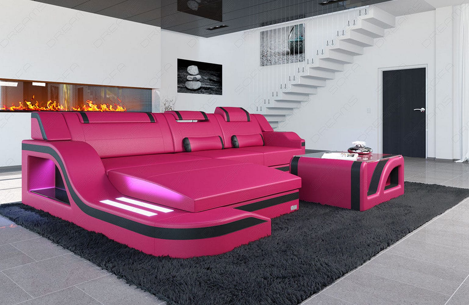 Design Ledersofa Palermo L-Form mit LED pink-schwarz