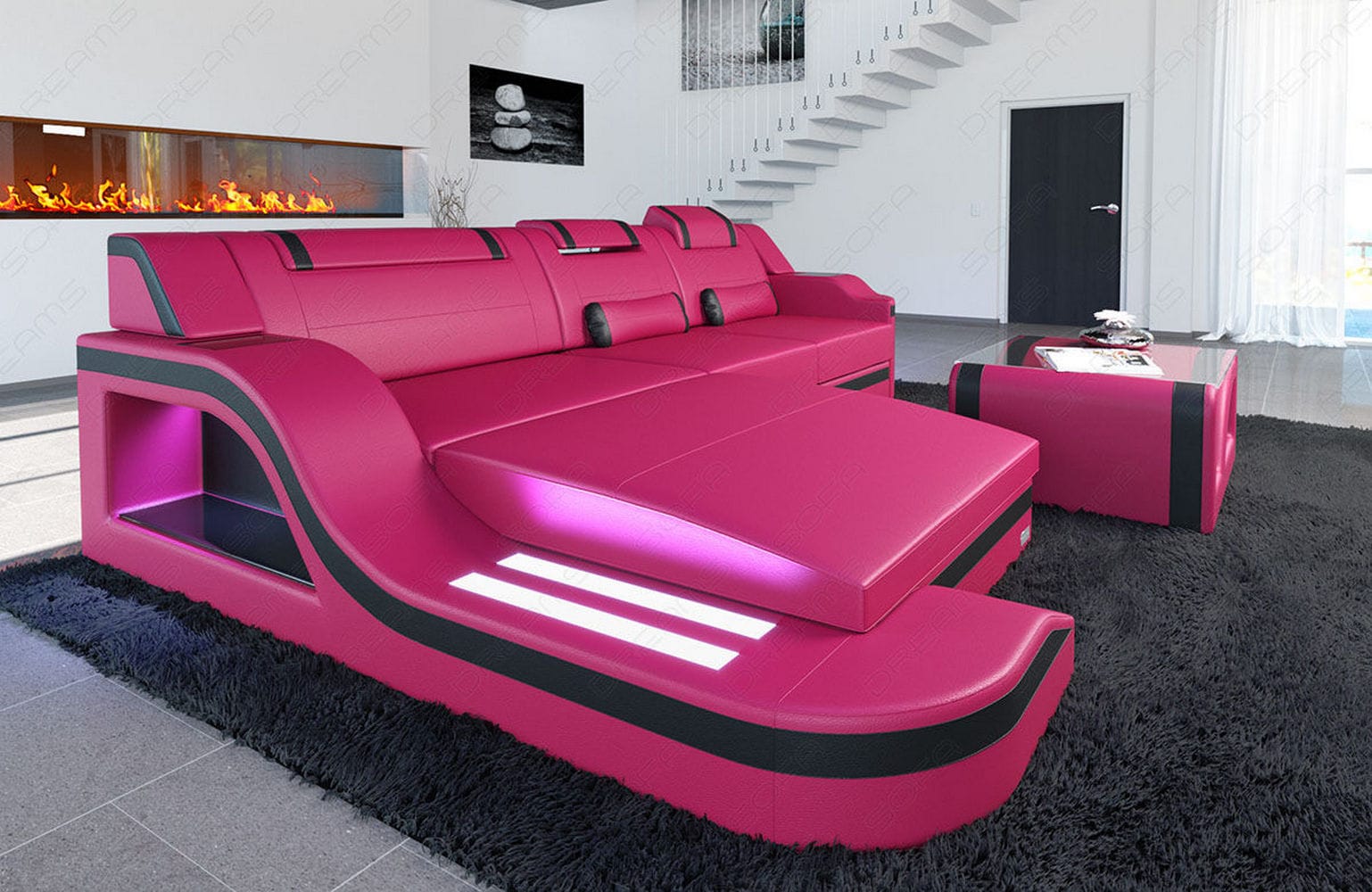 Design Ledersofa Palermo L-Form mit LED pink-schwarz