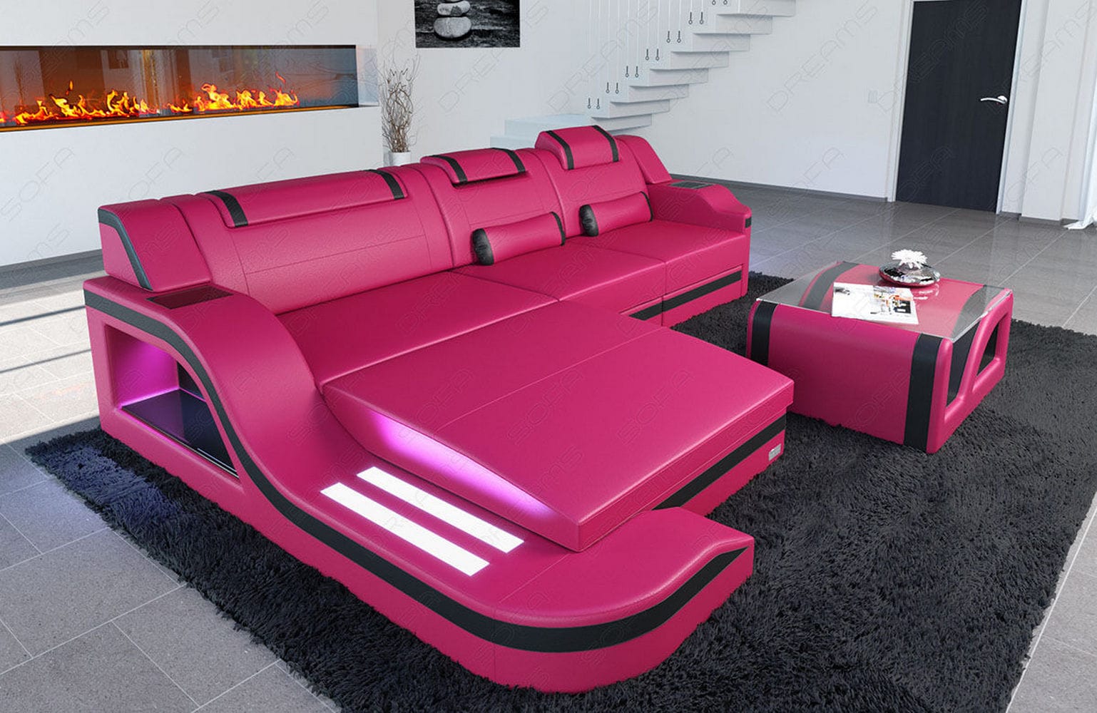 Design Ledersofa Palermo L-Form mit LED pink-schwarz