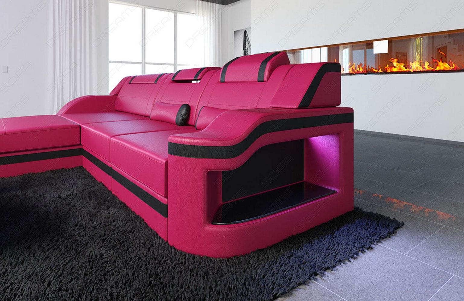 Design Ledersofa Palermo L-Form mit LED pink-schwarz