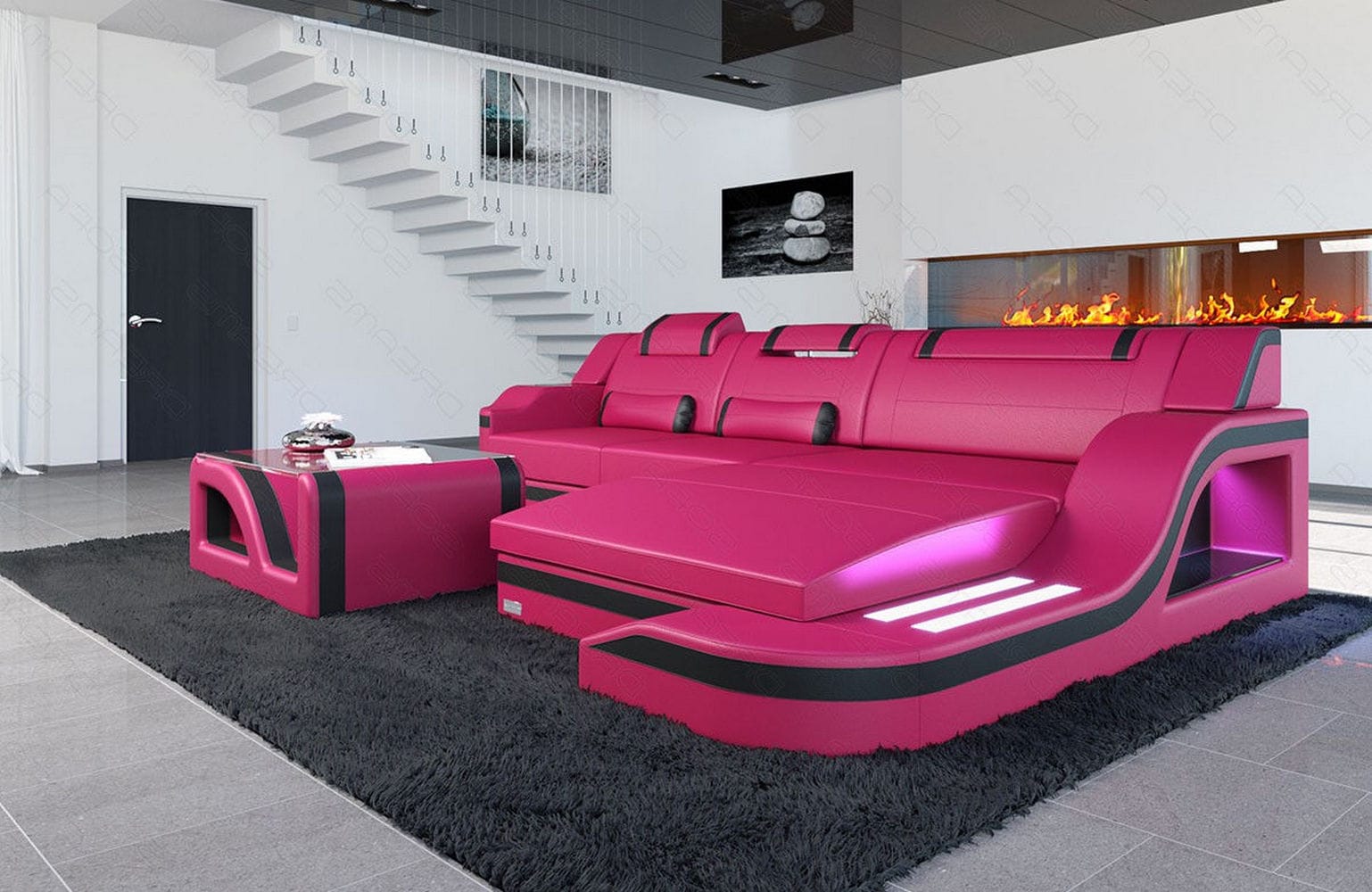 Design Ledersofa Palermo L-Form mit LED pink-schwarz