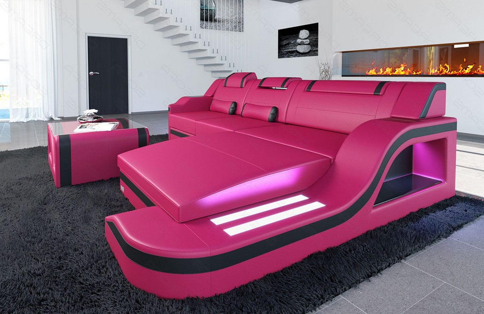 Design Ledersofa Palermo L-Form mit LED pink-schwarz