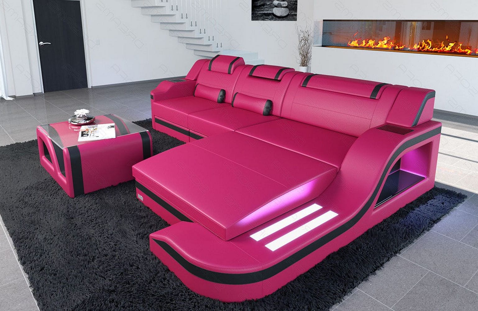 Design Ledersofa Palermo L-Form mit LED pink-schwarz