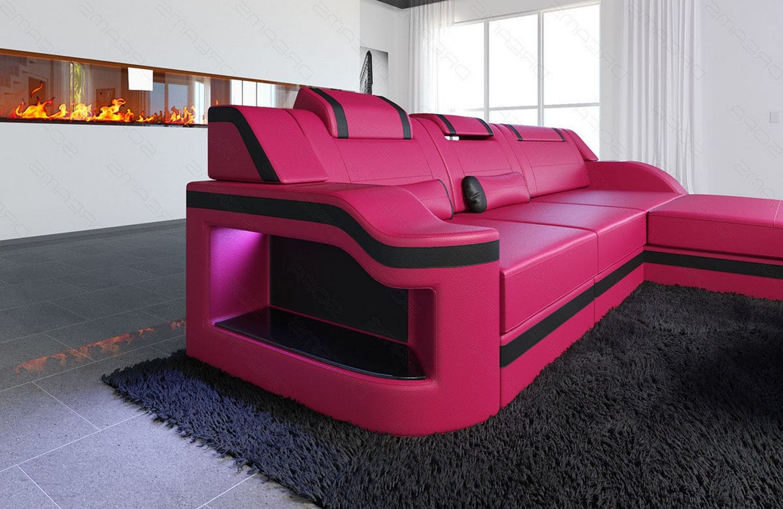 Design Ledersofa Palermo L-Form mit LED pink-schwarz