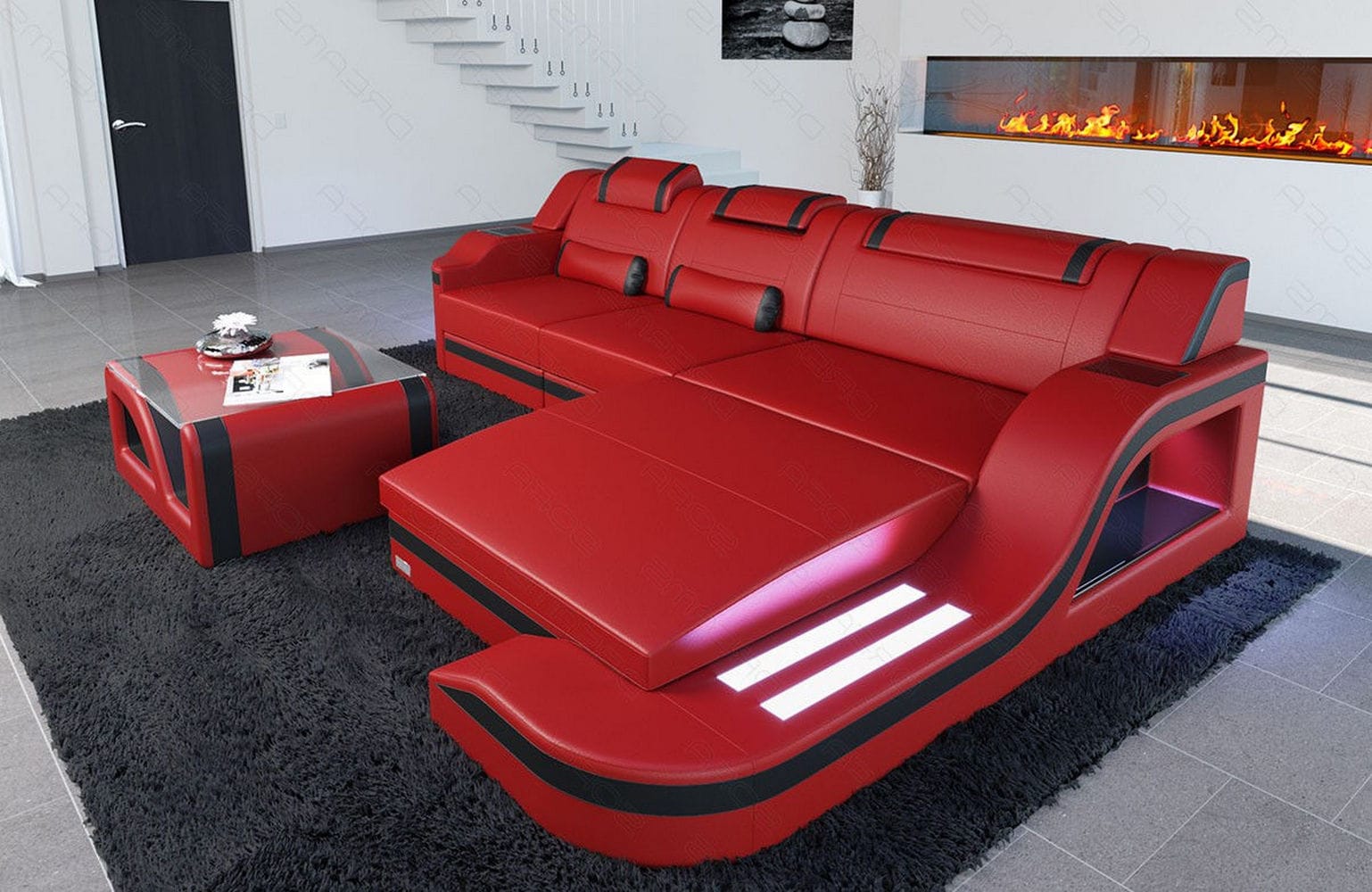 Design Ledersofa Palermo L-Form mit LED rot-schwarz