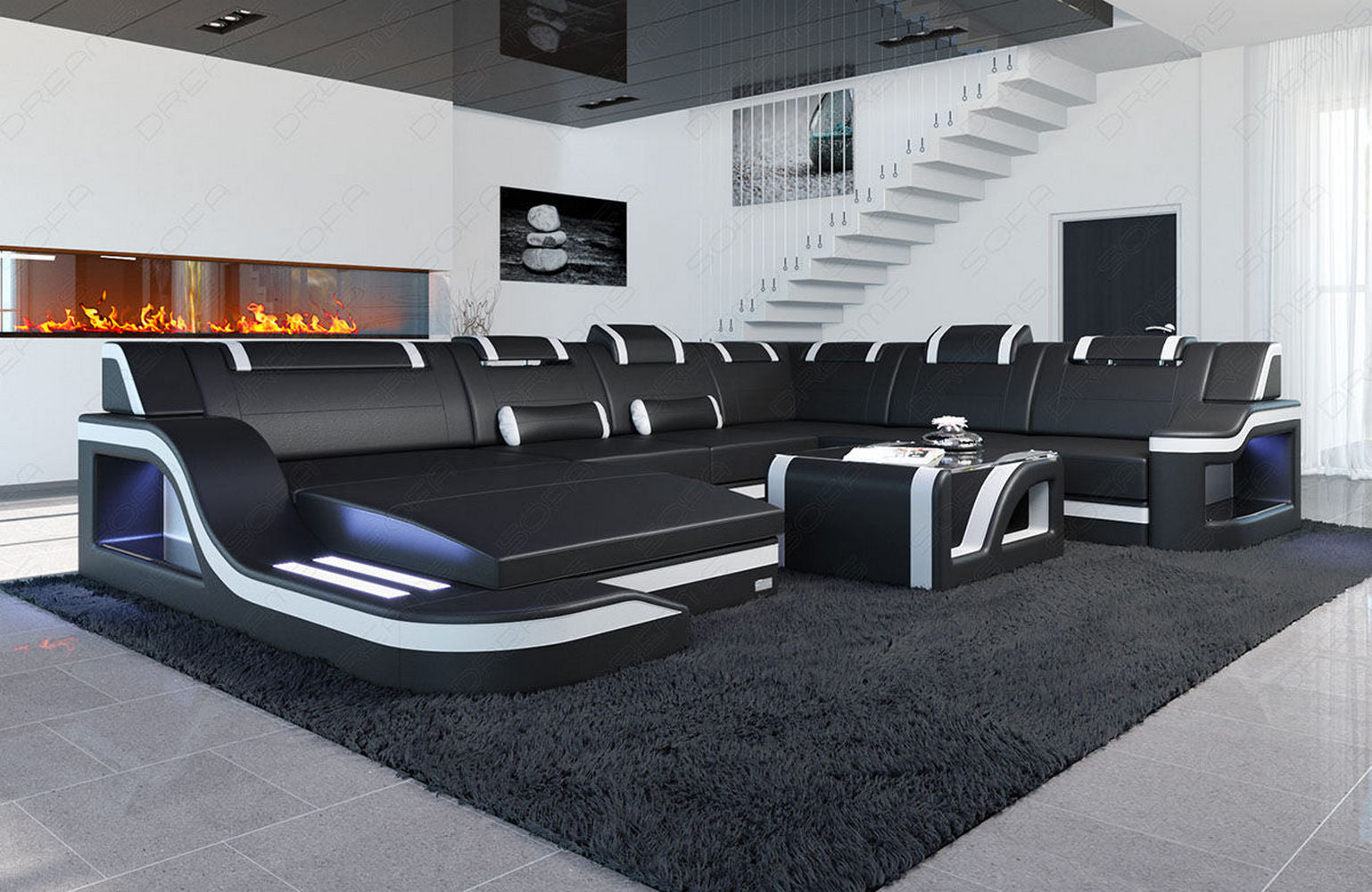 Mini XL Leder Wohnlandschaft Palermo mit LED Schwarz-Weiß