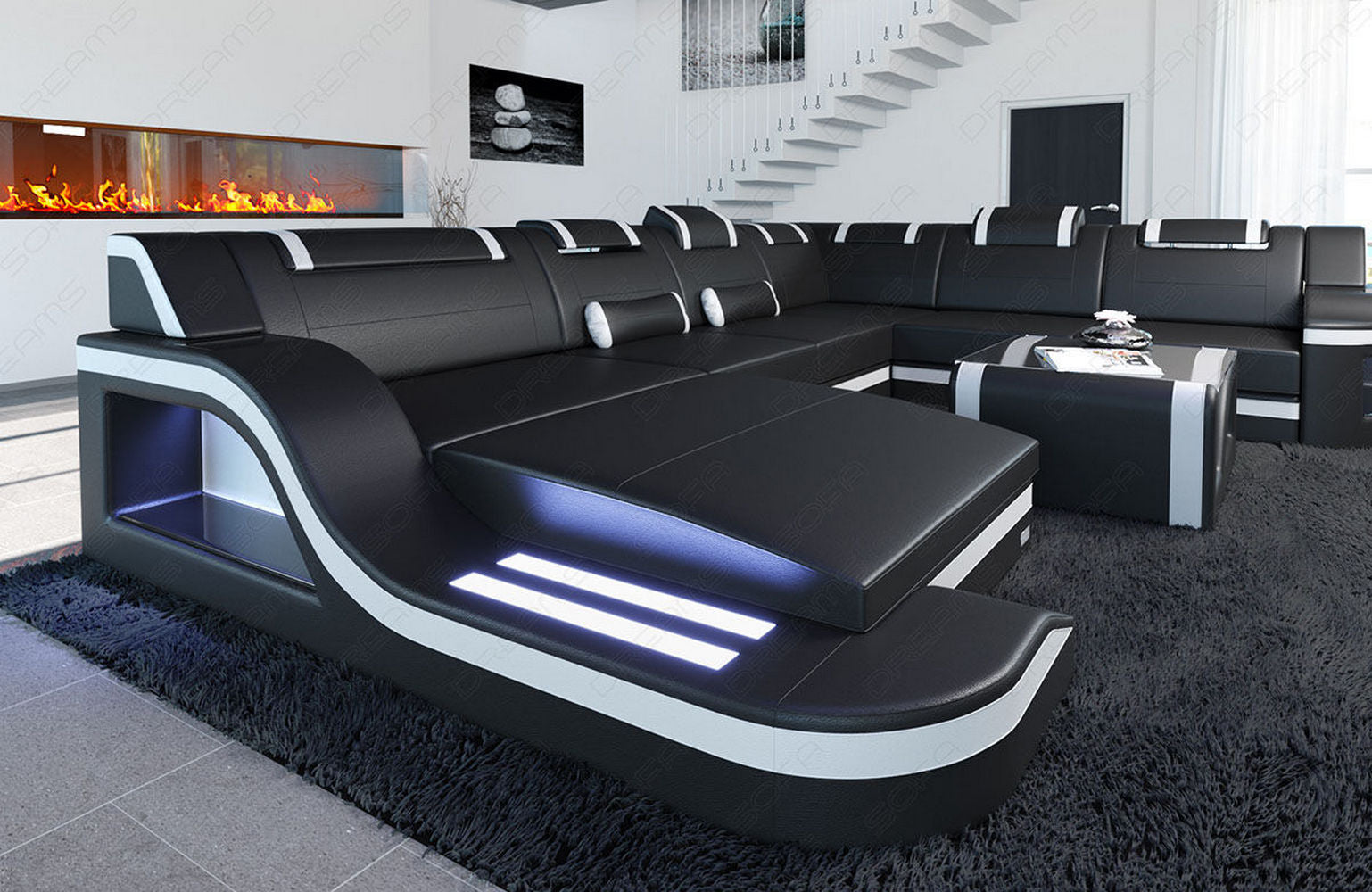 Mini XL Leder Wohnlandschaft Palermo mit LED Schwarz-Weiß