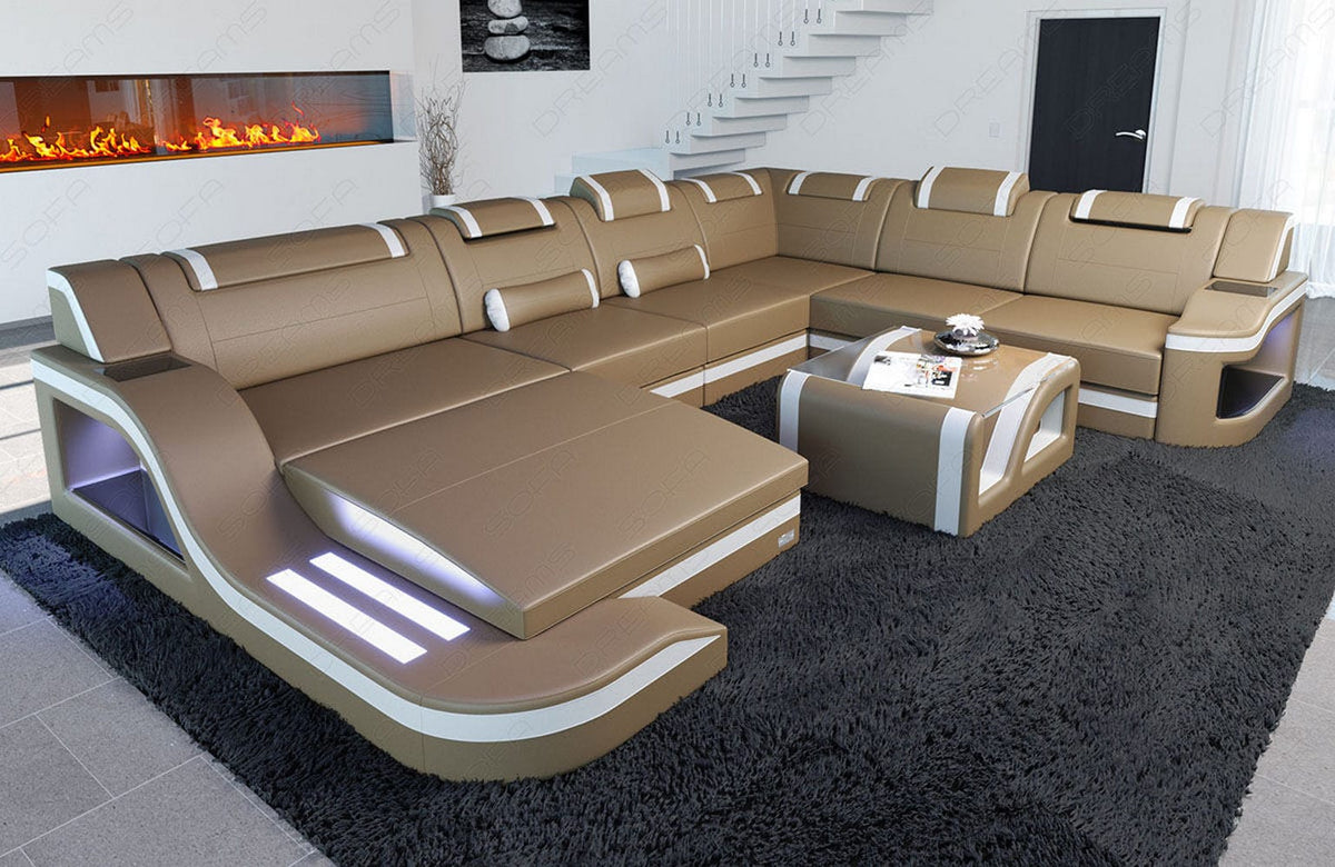Mini XL Wohnlandschaft Palermo U-Form in Leder Sandbeige-Weiß